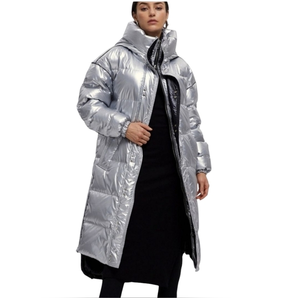 LIT Activewear Maxi Laser Long Parka Silver Metallic Down & Feather Y2K Jacket - Picture 4 of 15